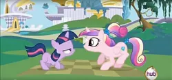 Size: 882x413 | Tagged: a canterlot wedding, derpibooru import, duo, female, filly, filly twilight sparkle, lidded eyes, play button, princess cadance, safe, screencap, sunshine sunshine, teen princess cadance, twilight sparkle, younger