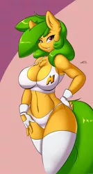 Size: 685x1280 | Tagged: suggestive, artist:mastergodai, artist:upstairstudios, derpibooru import, oc, oc:mango, unofficial characters only, anthro, earth pony, anthro oc, armpits, big breasts, bikini, bra, breasts, clothes, collaboration, female, fingerless gloves, gloves, looking at you, mare, panties, smiling, socks, solo, solo female, stockings, swimsuit, thigh highs, underwear