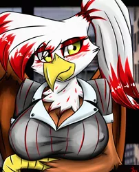 Size: 2100x2600 | Tagged: suggestive, artist:tallyburd, derpibooru import, oc, oc:talisa pierce, unofficial characters only, anthro, gryphon, arm under breasts, secretary