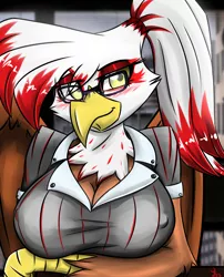 Size: 2100x2600 | Tagged: suggestive, artist:tallyburd, derpibooru import, oc, oc:talisa pierce, unofficial characters only, anthro, gryphon, arm under breasts, glasses, secretary