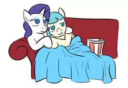 Size: 760x522 | Tagged: artist:jargon scott, blanket, cocoa cantle, coco pommel, couch, derpibooru import, female, half r63 shipping, male, marshmallow coco, movie, popcorn, rarity, rule 63, safe, shipping, straight