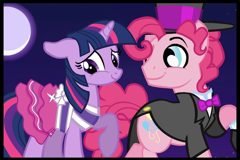 Size: 1280x856 | Tagged: safe, artist:dilemmas4u, derpibooru import, pinkie pie, twilight sparkle, bubble berry, clothes, dress, equestria girls outfit, female, half r63 shipping, hat, male, moon, rule 63, shipping, show accurate, sparkleberry, straight, top hat, tuxedo, twinkie