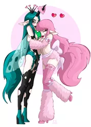 Size: 711x1000 | Tagged: suggestive, artist:lillykitten, derpibooru import, queen chrysalis, oc, oc:fluffle puff, human, bedroom eyes, belly button, blushing, boob smothering, breasts, bugbutt, busty fluffle puff, canon x oc, chrysipuff, clothes, eared humanization, elf ears, evening gloves, female, garters, gloves, heart, high heel boots, high heels, horned humanization, horn impalement, hug, humanized, humanized oc, lesbian, lipstick, motorboating, ribbon, shipping, simple background, smothering, snuggling, stockings, tailed humanization, torn clothes, valentine, valentine's day, winged humanization