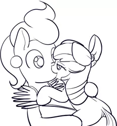 Size: 741x801 | Tagged: apple bloom, artist:mcsadat, crack shipping, cup cake, derpibooru import, female, kissing, lesbian, mare on filly, monochrome, safe, shipping