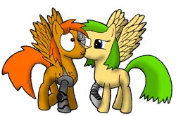 Size: 1192x790 | Tagged: safe, derpibooru import, oc, oc:gold star, unofficial characters only, cyborg, pegasus, pony, kiss on the cheek, kissing, missing cutie mark