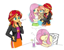 Size: 1400x1078 | Tagged: safe, artist:twilite-sparkleplz, derpibooru import, fluttershy, sunset shimmer, oc, oc:sunglow, equestria girls, rainbow rocks, clothes, crush, cute, dream, female, lesbian, magical lesbian spawn, oblivious, offspring, onomatopoeia, parent:fluttershy, parent:sunset shimmer, parents:sunshyne, skirt, sleeping, sound effects, sunshyne, tanktop, twilite-sparkleplz is trying to murder us, zzz