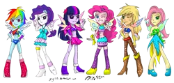 Size: 5715x2716 | Tagged: safe, artist:zakurarain, derpibooru import, applejack, fluttershy, pinkie pie, rainbow dash, rarity, twilight sparkle, twilight sparkle (alicorn), fairy, equestria girls, alternate hairstyle, belly button, charmix, clothes, colored wings, crossover, dress, fairies, fairies are magic, fairy wings, fairyized, gradient wings, humane five, humane six, image, magic winx, midriff, png, skirt, sparkly wings, strapless, wings, winx club, winxified