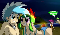 Size: 4000x2333 | Tagged: suggestive, artist:ryured, derpibooru import, rainbow dash, scootaloo, spike, oc, human, beach, bikini, breasts, busty rainbow dash, campfire, canon x oc, cleavage, clothes, dat butt, dialogue, female, humanized, humanized oc, human spike, lip bite, oye que rico, rainbutt dash, sunglasses, swimsuit