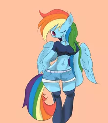 Size: 900x1020 | Tagged: safe, artist:mabo3, derpibooru import, rainbow dash, anthro, belly button, pixiv, solo