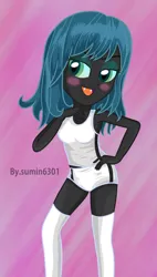 Size: 1184x2086 | Tagged: safe, artist:sumin6301, derpibooru import, queen chrysalis, equestria girls, blushing, clothes, equestria girls-ified, gym uniform, kneesocks, short hair, socks, solo, sports panties, sporty style, tanktop