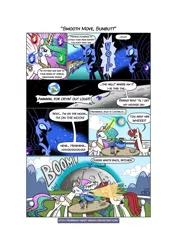 Size: 900x1274 | Tagged: artist:burning-heart-brony, comic, derpibooru import, elements of harmony, lauren faust, moon, nightmare moon, oc, oc:fausticorn, princess celestia, princess luna, safe, spit take