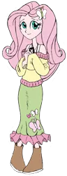 Size: 1025x2677 | Tagged: safe, artist:edcom02, artist:jmkplover, derpibooru import, fluttershy, equestria girls, clothes, cute, dog tags, humanized, long skirt, long sleeves, off shoulder, simple background, sweater, sweatershy, tanktop, transparent background