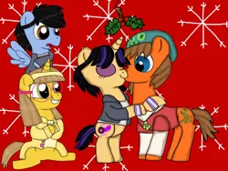 Size: 1024x768 | Tagged: safe, artist:dulcechica19, derpibooru import, honey lemon, ponified, pony, big hero 6, bipedal, christmas, fred, gogo tomago, hiro hamada, holly, holly mistaken for mistletoe, kissing, shipping