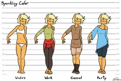 Size: 1100x742 | Tagged: alternate universe, anthro, applejack, artist:siden, belly button, bra, breasts, clothes, croatia, crop top bra, derpibooru import, oc, oc:sparkling cider, overalls, panties, party, plantigrade anthro, sandals, size chart, suggestive, ultimare universe, underwear, white underwear