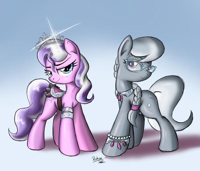 Size: 2007x1717 | Tagged: safe, artist:ruhisu, derpibooru import, diamond tiara, silver spoon, earth pony, pony, adult, classy, fancy, female, glasses, jewelry, jewels, looking at you, mare, necklace, older, older diamond tiara, older silver spoon, pose, saddle, smiling, standing