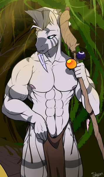 Size: 489x827 | Tagged: abs, anthro, artist:slypon, bare chest, bedroom eyes, clothes, derpibooru import, feather, loincloth, male, muscles, phallic symbol, questionable, rule 63, smiling, solo, solo male, staff, topless, tribal, tribalism, zebra, zecora, zircon
