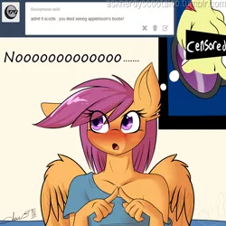 Size: 2000x2000 | Tagged: anthro, apple bloom, artist:silverfox057, ask, ask nerdy scootaloo, blushing, breasts, busty apple bloom, censor bar, censored, clothes, derpibooru import, ear fluff, female, floppy ears, implied scootabloom, nudity, off shoulder, older, pegasus, scootaloo, solo focus, suggestive, tumblr, wing fluff