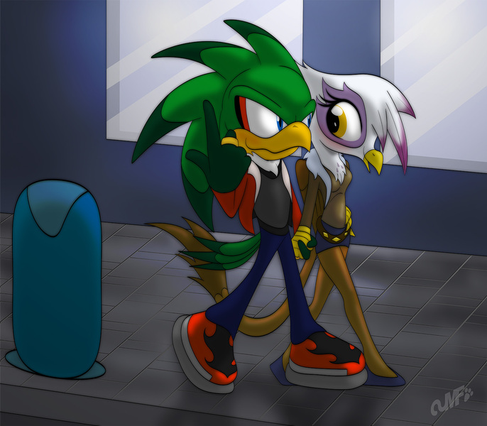 Size: 1500x1312 | Tagged: source needed, useless source url, safe, artist:miniferu, derpibooru import, gilda, anthro, gryphon, couple, crossover, crossover shipping, female, giljet, jet the hawk, male, shipping, sonic the hedgehog (series), straight