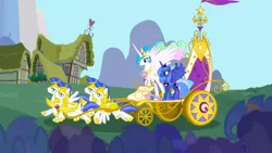 Size: 1366x768 | Tagged: safe, derpibooru import, screencap, coco crusoe, dizzy twister, doctor whooves, lyra heartstrings, orange swirl, princess celestia, princess luna, seafoam, sea swirl, time turner, alicorn, pegasus, friendship is magic, chariot, royal guard, royal sisters, s1 luna