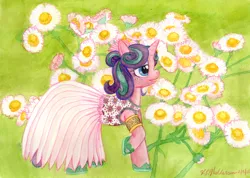 Size: 3534x2520 | Tagged: artist:kelseyleah, clothes, derpibooru import, dress, flower, oc, oc:daisy daedal, safe, solo, traditional art, unofficial characters only
