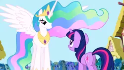 Size: 1366x768 | Tagged: safe, derpibooru import, screencap, amethyst star, blue october, blueberry muffin, bon bon, cloud kicker, coco crusoe, dizzy twister, doctor whooves, lemon hearts, lyra heartstrings, meadow song, minuette, orange swirl, pokey pierce, princess celestia, rainbowshine, spring melody, sprinkle medley, sweetie drops, time turner, twilight sparkle, alicorn, pony, unicorn, friendship is magic, duo focus, ethereal mane, female, mare, spread wings, unicorn twilight, wings