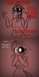 Size: 612x1190 | Tagged: grimdark, artist:lil miss jay, derpibooru import, opalescence, anthro, demon, ask lil miss rarity, lil-miss rarity, black sclera, crying, dilated pupils, doll, fangs, scar, tumblr