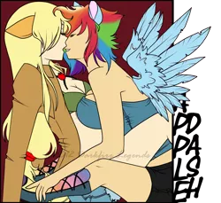 Size: 1000x917 | Tagged: suggestive, artist:unicornenigma, derpibooru import, applejack, rainbow dash, human, appledash, breasts, busty rainbow dash, eared humanization, female, humanized, imminent kissing, lesbian, shipping, wingboner, winged humanization