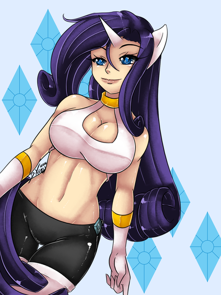 Size: 900x1200 | Tagged: artist:d-xross, belly button, breasts, busty rarity, cleavage, derpibooru import, eared humanization, female, horned humanization, human, humanized, midriff, rarity, solo, solo female, suggestive, tailed humanization