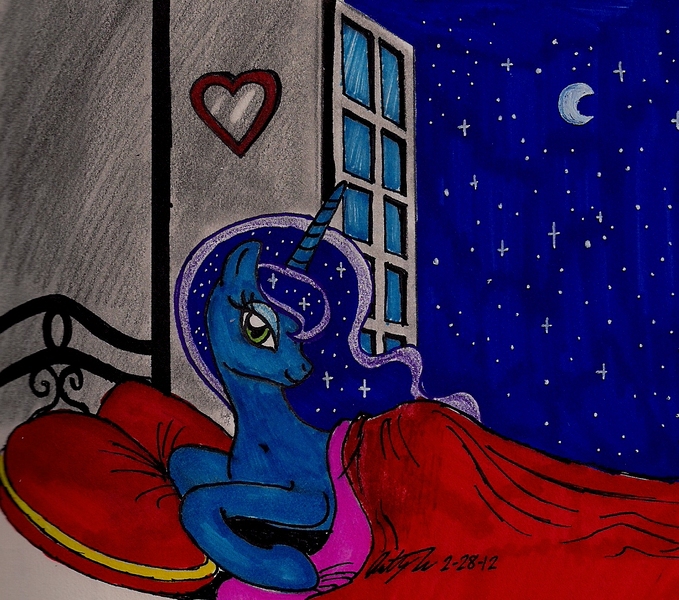 Size: 1098x970 | Tagged: artist:newyorkx3, bed, bedroom, bedroom eyes, derpibooru import, princess luna, safe, solo, traditional art