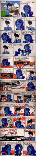 Size: 1280x5438 | Tagged: artist:newyorkx3, car, comic, derpibooru import, edit, oc, oc:tommy, princess luna, safe, traditional art