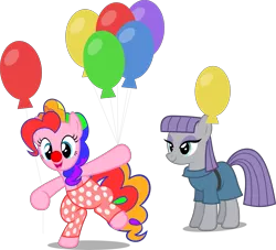 Size: 5751x5228 | Tagged: safe, artist:zacatron94, derpibooru import, maud pie, pinkie pie, earth pony, pony, absurd resolution, balancing, balloon, bipedal, clothes, clown, clown nose, cute, diapinkes, female, hoof hold, lidded eyes, mare, open mouth, overalls, pants, rainbow hair, raised leg, simple background, smiling, standing, transparent background, vector, when she smiles