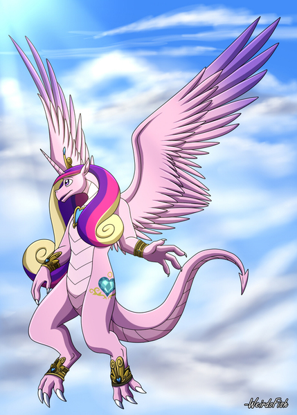 Size: 918x1285 | Tagged: alicorn, artist:weirdofish, cloud, cloudy, crown, derpibooru import, dragon, dragondance, dragonified, female, flying, horn, jewelry, large wings, open mouth, princess cadance, purple eyes, regalia, safe, scales, signature, sky, solo, species swap, sunlight, tail, wings