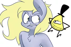 Size: 1280x853 | Tagged: safe, artist:extradan, derpibooru import, derpy hooves, oc, oc:jerky hooves, angry, bill cipher, bust, chest fluff, duo, gritted teeth, looking at each other, nose wrinkle, simple background, white background