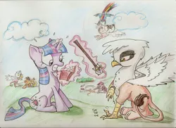 Size: 3497x2542 | Tagged: safe, artist:kriahfox, derpibooru import, pinkie pie, rainbow dash, twilight sparkle, gryphon, book, fight, mock fight, pillow, spear, traditional art, wristwatch