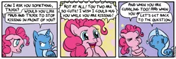 Size: 700x234 | Tagged: safe, artist:foudubulbe, derpibooru import, pinkie pie, trixie, pony, unicorn, comic:damp rocks, comic, excited, eyes closed, female, floppy ears, glare, kissy face, lesbian, mare, mauxie, open mouth, shipper on deck, shipping, smiling, wide eyes