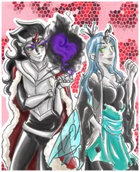 Size: 869x1066 | Tagged: artist:himram, derpibooru import, horned humanization, human, humanized, king sombra, queen chrysalis, safe, traditional art, winged humanization