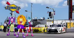 Size: 2048x1057 | Tagged: safe, derpibooru import, adagio dazzle, aria blaze, sonata dusk, equestria girls, rainbow rocks, car, chevrolet, chevrolet ss, danica patrick, daytona 500, equestria girls in real life, ford, ford fusion, justin allgaier, landon cassill, mike wallace, nascar, paul menard, photo, race track, racecar, the dazzlings, toyota, toyota camry