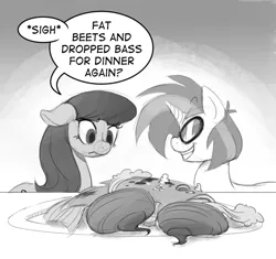 Size: 600x564 | Tagged: safe, artist:onipolice, derpibooru import, octavia melody, vinyl scratch, earth pony, fish, pony, unicorn, beets, dead, dinner, drop the bass, duo, female, floppy ears, food, frown, grayscale, grin, mare, monochrome, pun, smiling