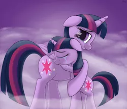 Size: 1600x1372 | Tagged: safe, artist:irregular-entity, derpibooru import, twilight sparkle, twilight sparkle (alicorn), alicorn, pony, crying, feels, female, filly, hug, mare, self ponidox, story included, time paradox