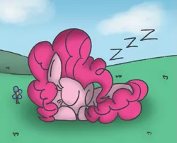 Size: 553x448 | Tagged: artist:mr. rottson, cute, daaaaaaaaaaaw, flower, grass, lying down, outdoors, pinkie pie, safe, sky, sleeping, solo, zzz