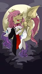 Size: 600x1050 | Tagged: semi-grimdark, artist:wan, derpibooru import, fluttershy, rarity, vampire, vampony, backbend, blood, cape, clothes, flexible, flutterbat