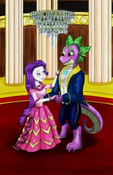 Size: 600x927 | Tagged: safe, artist:faroth, derpibooru import, rarity, spike, human, beauty and the beast, blushing, clothes, crossover, dancing, dress, female, gala dress, humanized, male, shipping, sparity, straight
