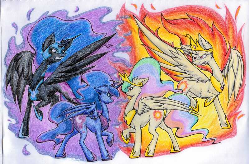 Size: 3323x2187 | Tagged: artist:nekotigerfire, nightmare moon, nightmare star, princess celestia, princess luna, safe, traditional art