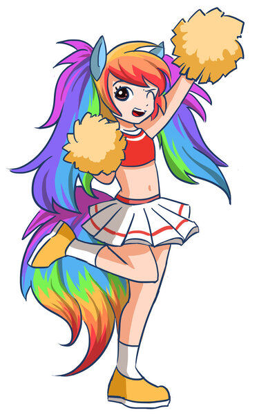 Size: 900x1391 | Tagged: artist:kongyi, belly button, cheerleader, clothes, derpibooru import, eared humanization, human, humanized, midriff, pom pom, rainbow dash, safe, skirt, solo, sports bra, tailed humanization, twintails