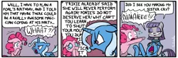 Size: 700x229 | Tagged: safe, artist:foudubulbe, derpibooru import, maud pie, pinkie pie, trixie, pony, unicorn, comic:damp rocks, comic, crying, dialogue, female, floppy ears, glare, lesbian, mare, mauxie, open mouth, shipping, speech bubble, wide eyes, yelling