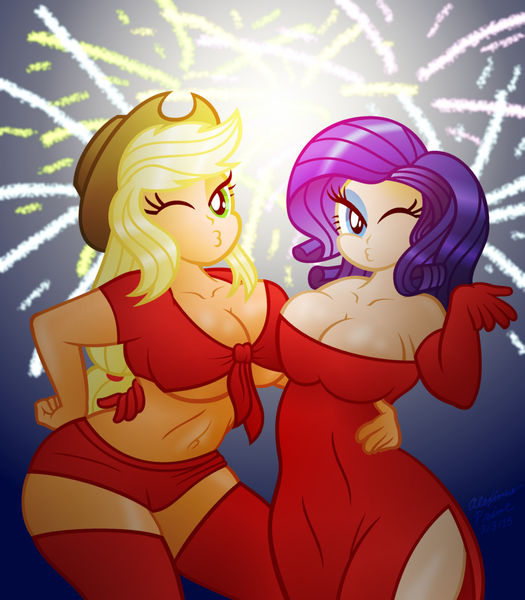 Size: 2000x2286 | Tagged: applejack, artist:aleximusprime, blowing a kiss, boob squish, breasts, busty applejack, busty rarity, cleavage, clothes, derpibooru import, dress, duckface, evening gloves, female, fireworks, front knot midriff, human, humanized, midriff, rarity, red dress, side slit, suggestive, wink