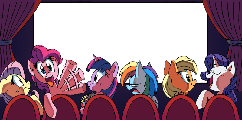 Size: 3351x1672 | Tagged: applejack, artist:fritzybeat, artist:ziggyfin, breaking the fourth wall, cinema, derpibooru import, exploitable, fluttershy, looking at you, mane six, pinkie pie, popcorn, pumbaa, rainbow dash, rarity, safe, simple background, template, theater, timon, transparent background, twilight sparkle, waving