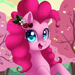 Size: 2222x2222 | Tagged: artist:jacky-bunny, cherry orchard, cute, derpibooru import, diapinkes, hair accessory, open mouth, pinkie pie, safe, solo