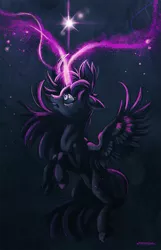 Size: 1027x1591 | Tagged: dead source, semi-grimdark, artist:matrosha123, derpibooru import, twilight sparkle, twilight sparkle (alicorn), alicorn, pony, female, floating, floppy ears, frown, glowing horn, magic, magic overload, mare, open mouth, solo, spread wings, thousand yard stare, wide eyes