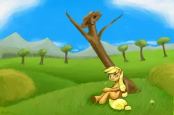 Size: 2089x1384 | Tagged: applejack, artist:ryou14, derpibooru import, hatless, looking at you, missing accessory, safe, sitting, solo, straw, tree, under the tree